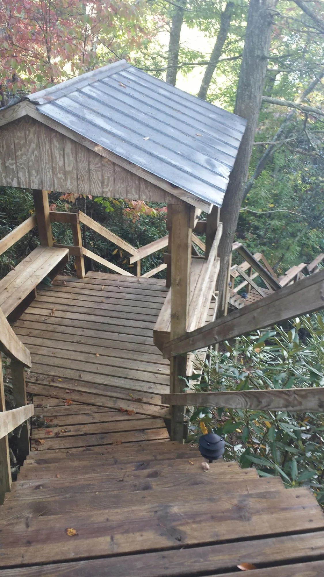 Metal roofed shelter over wooden steps on a wooded walkway — Skylight Repair & Installation work by our crew in Turbotville